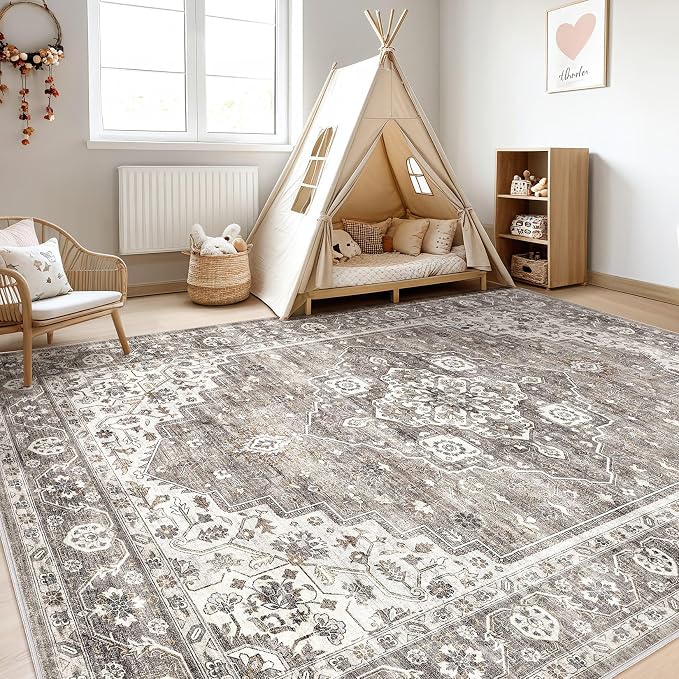 6x8 Area Rug Living Room: Washable Boho Large Neutral Vintage Soft Rug Stain Resistant Farmhouse Non-Slip Indoor Rustic Floor Carpet for Bedroom Nursery Kids Playroom Office Dining Room- Dark Brown