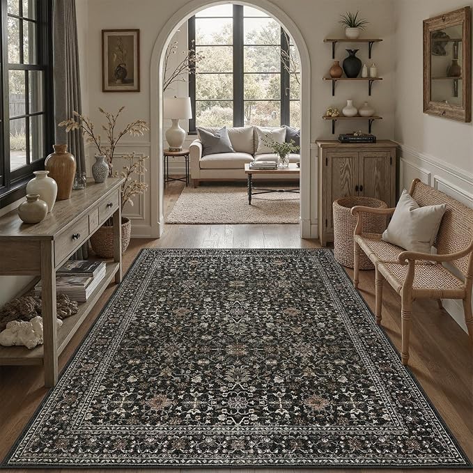 DCX Black 5x7 Rug, Kid & Pet Friendly with Rubber Back Non Slip, Machine Washable Stain Resistant Vintage Traditional Distressed Carpet, Rug for Living Room, Bedroom, Home Decor