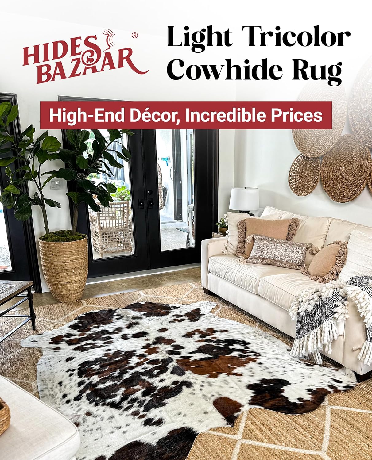 Natural Cowhide Rug for Home & Office Premium Light Tricolor Cowhide Rug with Mixed Brown, Black & White Patterns - Cow Hide Rugs Made with Tanned Leather - Cow Hide Rugs 5x7 ft