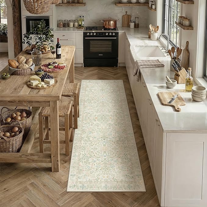 PureCozy 2x6 Light Green Area Rug for Kitchen Washable Vintage Floral Carpet Low Pile Non Slip Botanical Aesthetic Soft Accent Throw Rug Entrance Bathroom Bedroom Nursery Office Indoor