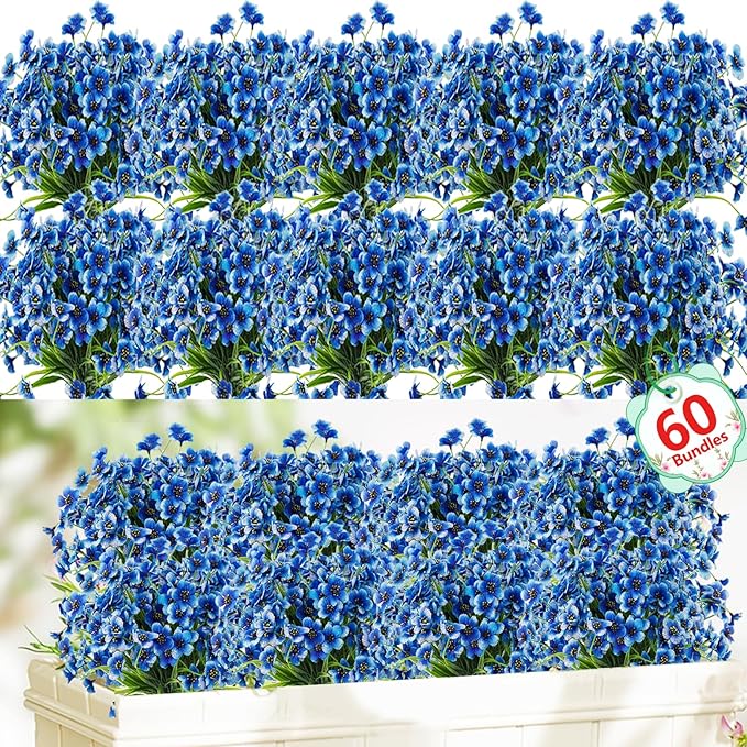 Powbrace 60 Pack Artificial Flowers for Outdoor Indoor Fake Plants, Faux Silk Flowers for Outdoors Outside Front Porch Hanging Planter Window Box Garden Spring Decoration(Blue)