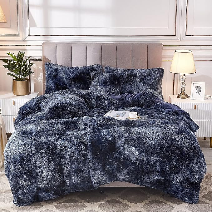 Tie Dye Printed Faux Fur Bedding Set Modern Abstract Shaggy Plush Duvet Cover with Pillow Sham, Ultra Soft Warm (Twin, Tie Dye Navy)