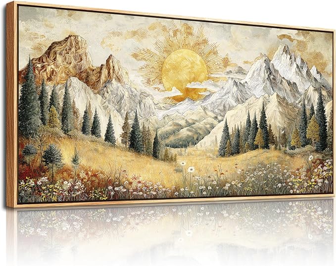 XIGUANGART Mountain Wall Art,Framed Large Canavs Wall Art,Wildflower Forest Art,Modern Farmhouse Decor,Living Room Pictures Paintings,Sunrise Abstract Art,Landscape Bedroom Office Decorations 30x60