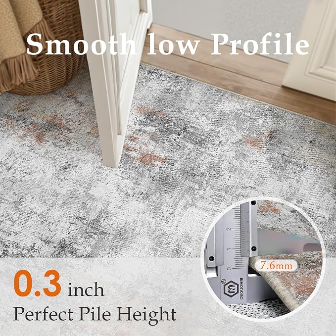 8x10 Washable Area Rug Rust Grey Abstract Non Slip Soft Low Pile Rug for Living Room Bedroom Dining Room Office Neutral Modern Indoor Throw Carpet for Home Decor