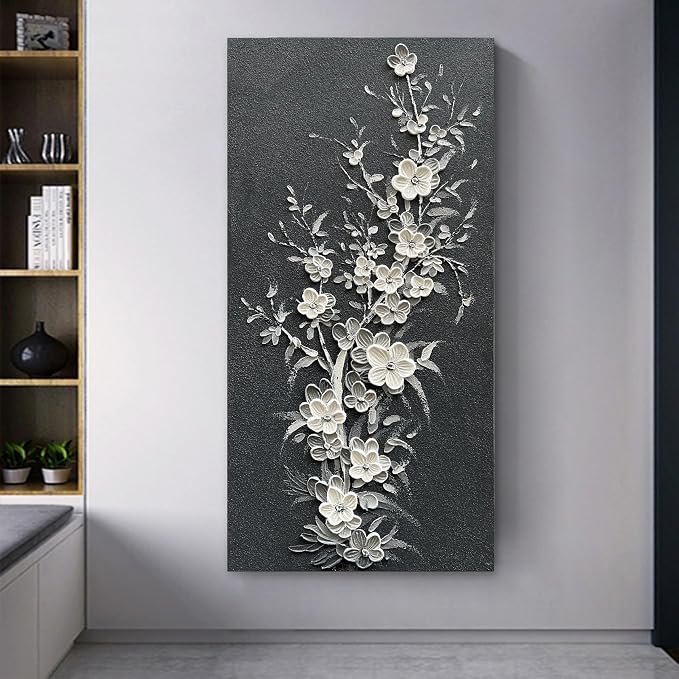 Hand Painted Modern Black and White Art Oil Painting White Plum Blossom Painting 24x48 inch Canvas Wall Art Home Wall Decorative Art