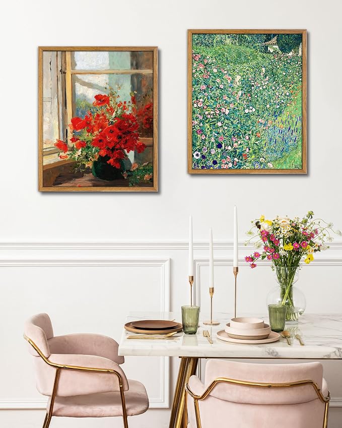 UPWOIGH Red Poppy Framed Impressionist Wall Art, 16 x 24 Inch | Red Poppy Bouquet by a Sunlit Window, Impressionist Oil Painting Style, Warm Wood Frame for Living Room and Bedroom