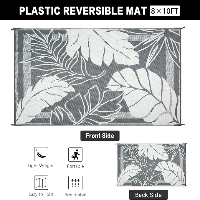 HUGEAR 8'x10' Outdoor Rug Waterproof Plastic Straw Rugs Large Grey Reversible Olive Leaf Mat Floor Carpet for Camping RV Deck Entryance Porch Picnic Balcony Beach Backyard