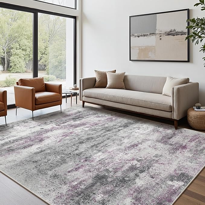 BEIMO Area Rugs 8x10 for Living Room Bedroom, Modern Abstract Machine Washable Rug, Large Soft Low Pile Floor Carpet with Non Slip Backing for Dining Room, Grey/Purple