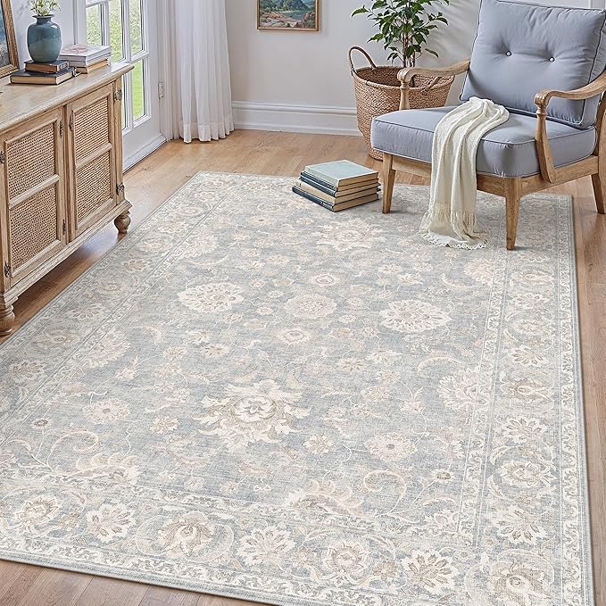 3x4 Blue Cream Washable Area Rug for Entryway Neutral Floral Soft Non Slip Carpet Low Pile Distressed Door Mat for Bathroom Bedroom Entrance Living Room