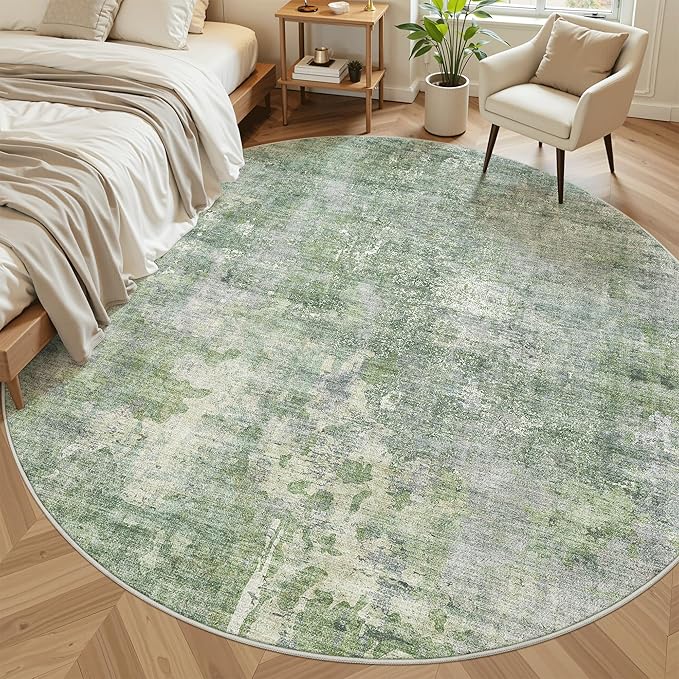 Soalmost 8x8 Green/Ivory Round Rug 8ft Living Room Circle Rug Vintage Round Area Rug Non Slip Indoor Carpet for Apartment