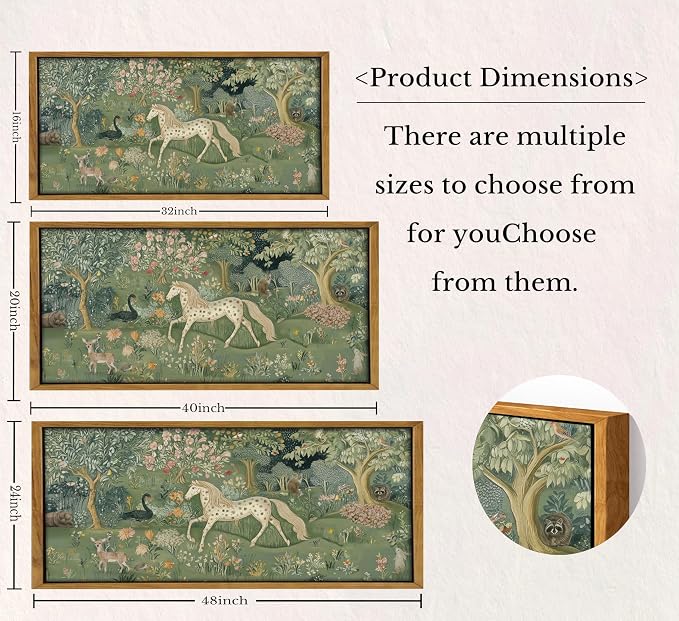 Large Wood Framed Woodland Animal Wall art,Magic Horse Bear Deer Poster Green Fantasy Forest Botanical Pictures Decor,Colorful Fairy Tale World Picture Poster,for Kids Room Bedroom Living Room