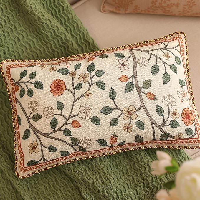 ISAENNE Designer Elegant Linen Throw Pillow Cover,Set of 2,20"x12"-Flora A | French Rectangle Decor Pillow Cover,Concealed Zipper Design,Floral Pattern,Sofa,Bedroom,Living Room,Lounge Chairs