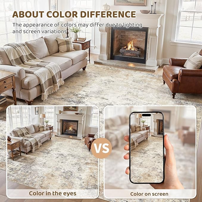 UERMEI 9x12 Area Rug Living Room Rugs - Washable Neutral Modern Abstract Soft Thin Large Rug Indoor Floor No Slip Rug Carpet for Bedroom Under Dining Table Home Office Decor - Golden Grey