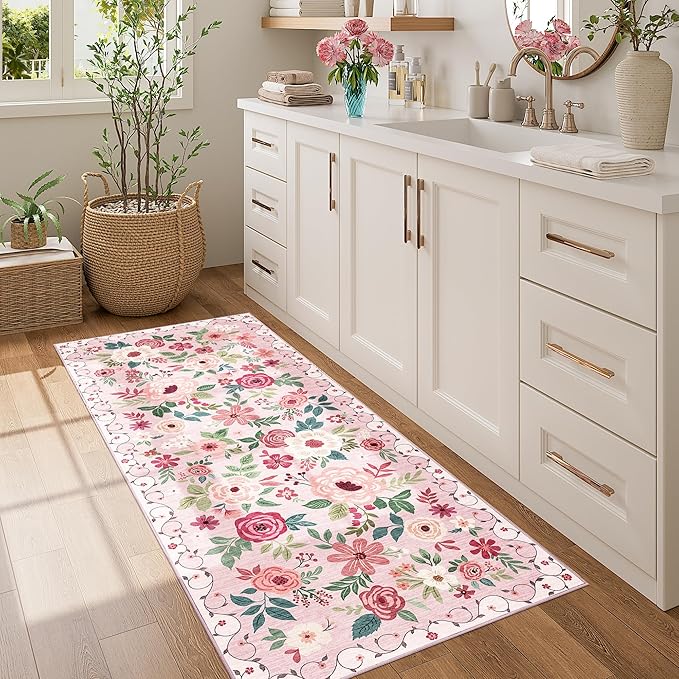 DUKINO 2x5 Runner Rug for Hallway, Washable Kitchen Floral Runner Rug with Non Slip Backing, Low Pile Soft Boho Carpet for Kitchen, Hallway, Entryway, Laundry, Bedroom, Pink