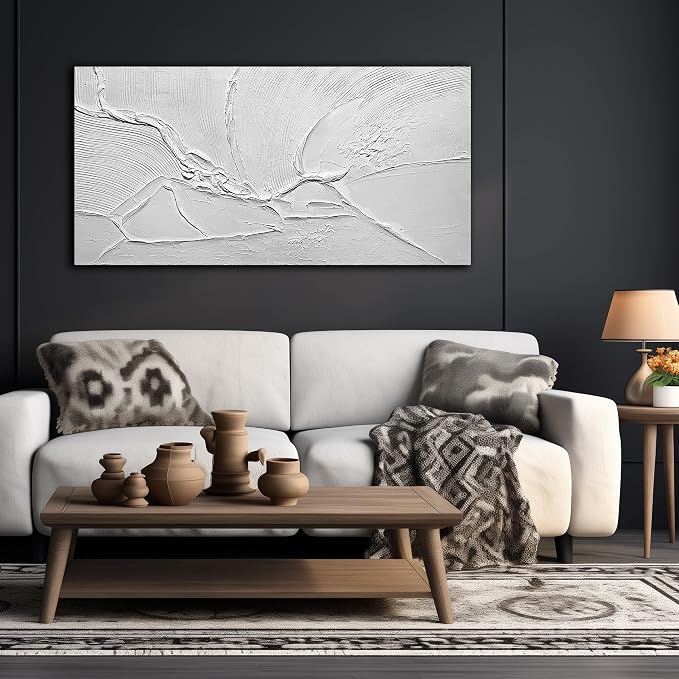 Modern Hand Painted Wall Art for Dining Room White Pictures for Bedroom Abstract Living Room Wall Decor Size 24 x 47 Inch