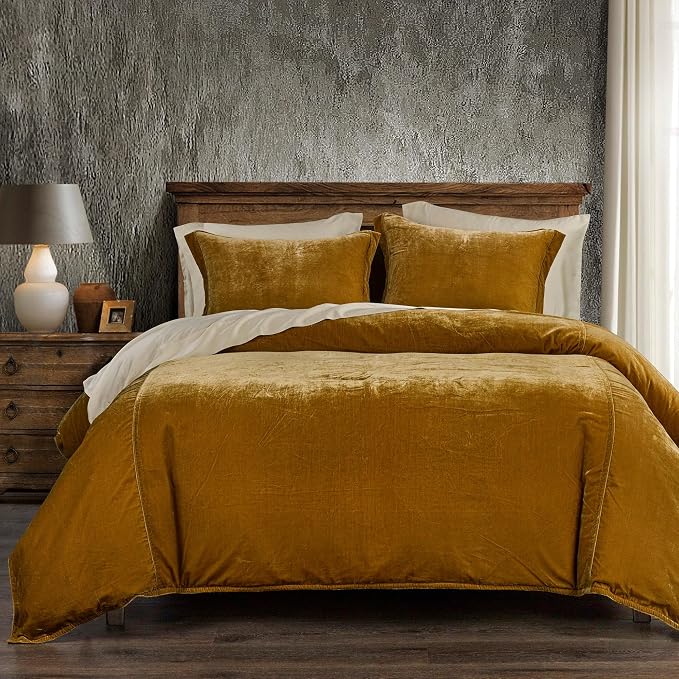 HiEnd Accents Stella Faux Silk Velvet 3 Piece Duvet Cover Set with 2 Pillow Shams, King, Saffron, Romantic Western Modern Traditional Style Luxury Bedding, 1 Comforter Cover and 2 Pillow Cases