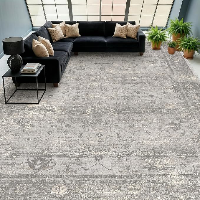9x12 Washable Area Rug for Living Room - Extra Large Gray Abstract Modern Rug, Non-Slip Low Pile Grey Vintage Distressed Carpet for Oversized Furniture & Open Floor Plans
