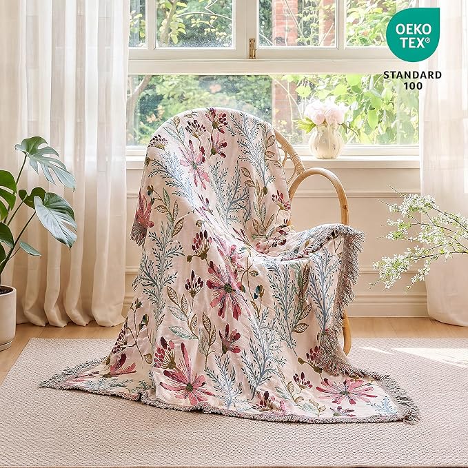 MSGKV Boho Throw Blanket for Couch 50"x60" Floral 100% Cotton Blanket Summer Breathable Lightweight Farmhouse Flower Blankets for Sofa Home Decor Muslin All Seasons