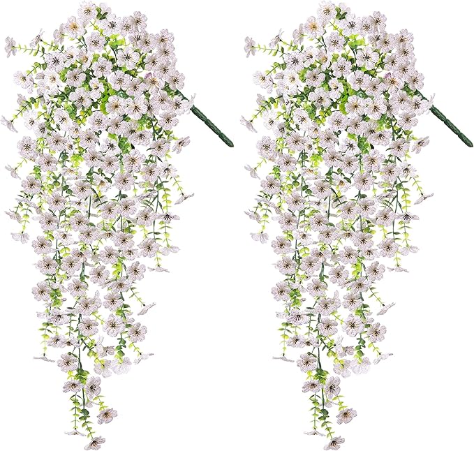Ammyoo Artificial Hanging Flowers for Outdoors Faux Plants Decoration, 2 Packs Fake Silk Daisy Flower Realistic Outdoor Flowers UV Resistant Porch Patio Window Yard Outside Decor(White)