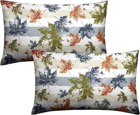 Thanksgiving Colorful Maple Leaves Lumbar Pillow Covers 12x20 Set of 2 Fall Rectangular Pillow Covers Blue Beige White Stripes Pillowcase Autumn Throw Pillow Covers for Patio Indoor Couch