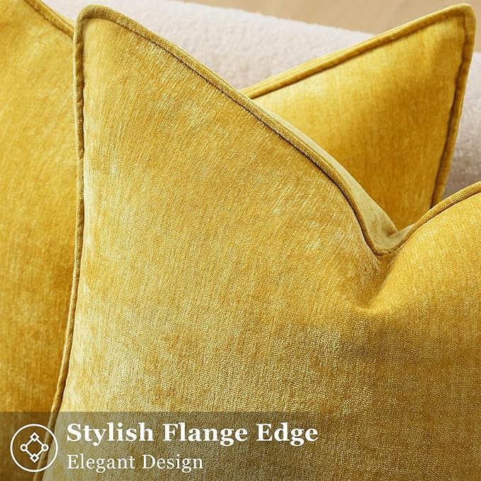decorUhome Summer Couch Throw Pillow Covers 18x18 Set of 2, Decorative Soft Velvet Modern Cozy Chenille Pillow Cases with Elegant Design for Sofa Bed Living Room Home Decor, Mineral Yellow