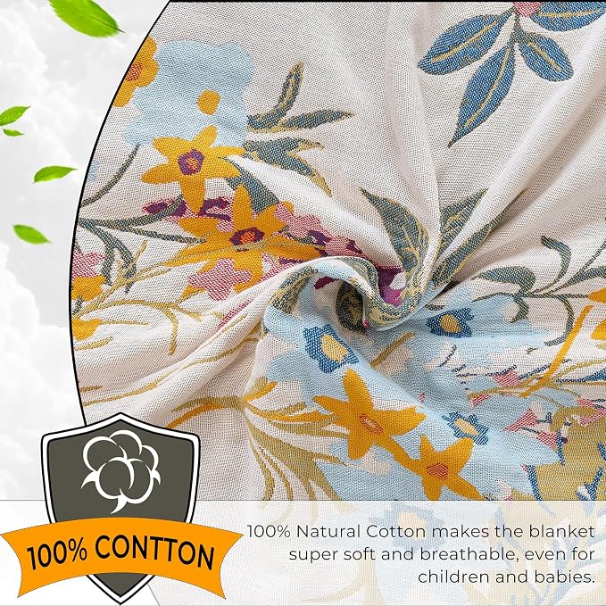 Boho Throw Blanket for Home Decor,Ultra Soft Summer Rustic Classic Quilt,100% Cotton Muslin Blankets for Adults, Reversible Woven Decorative Blanket for Bed Layering Use, Colorful Floral, 60"x80"