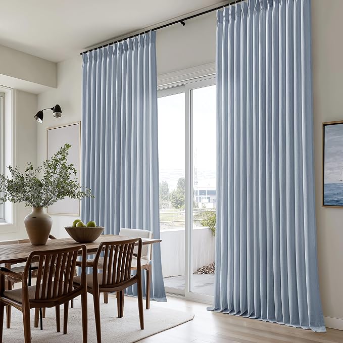 Dusty Blue Linen Pinch Pleat Curtains 84 Inches Long for Living Room Pinch Pleated Drapes Hooks Rings Back Tab Farmhouse Coastal Light Filtering Semi Sheer Blue Grey Curtains Dining Bedroom Office