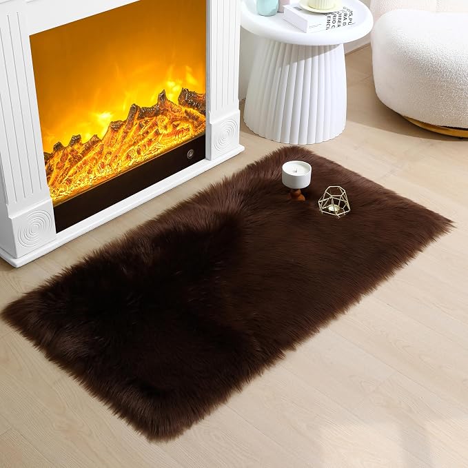 Faux Fur Rug Fluffy Sheepskin Area Rug,Ultra Soft Shaggy Plush Rug Bedroom Living Room Sofa Floor Kids Room Bedside（2 x 4 ft Rectangle Coffee）
