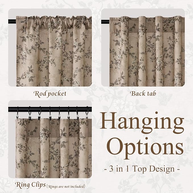StangH Taupe Floral Curtains with Natural Linen Texture, Farmhouse Vintage Butterfly Print Light Filtering Window Treatment for Dining Room, W52 x L90, 2 Panels
