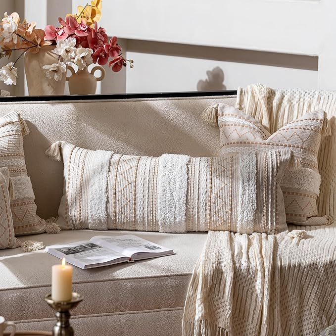 BlissBlush 14x36 Lumbar Pillow Cover for Bed, Rectangular Long Decorative Throw Pillowcase, Boho Accent Cushion with Tufted Pattern and Tassels, Cream Beige Neutral (Cover Only)