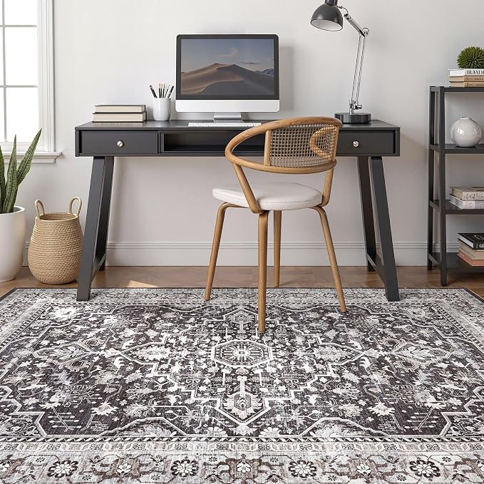 Black Rug Living Room Rugs: 10x13 Washable Boho Large Vintage Moody Soft Distressed Oriental Stain Resistant Non-Slip Indoor Floor Carpet for Bedroom Playroom Office Dining Room Retro Home House