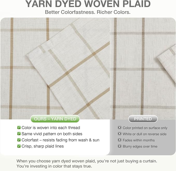 Vision Home Flax Linen Plaid Pinch Pleated Semi Sheer Curtains Checkered Light Filtering Window Treatment 95 inches Long for Living Room Bedroom Farmhouse Pleat Drapes with Back Tab Hooks 40" Wx95"Lx2