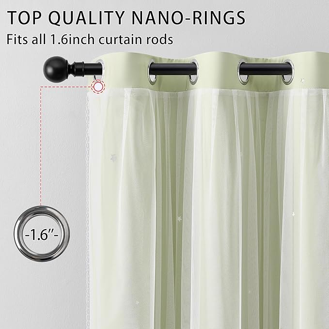XiDi Star Blackout Sage Green Curtains 63 inch Length 2 Panels Set Chic Thermal Insulated Grommet Room Darkening Window Drapes for Nursery Kids Girls Bedroom Living Room W52 x L63 Light Green