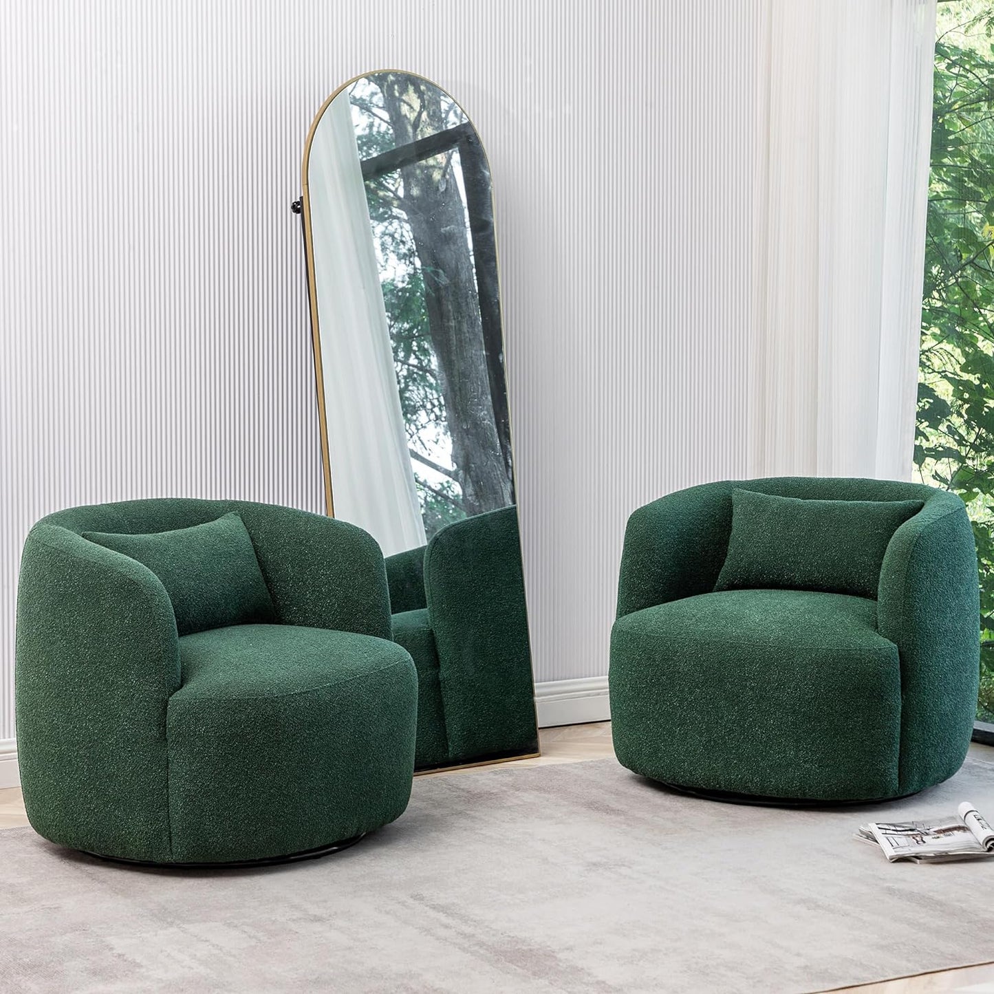 KINWELL 34" Wide Boucle Swivel Barrel Chairs Set of 2, No Assembly Round Upholstered Armchairs Accent Chairs Single Sofa Chair with Toss Pillow for Living Room and Bedroom, Green