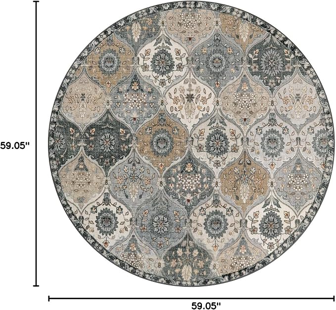 Lahome Moroccan Washable Round Rug 5ft, Soft Vintage Circle Rug for Dining Room Office Bedroom Bathroom Entryway, Distress Non Slip Low Pile Stain Resistant Accent Rug Elise, Grey