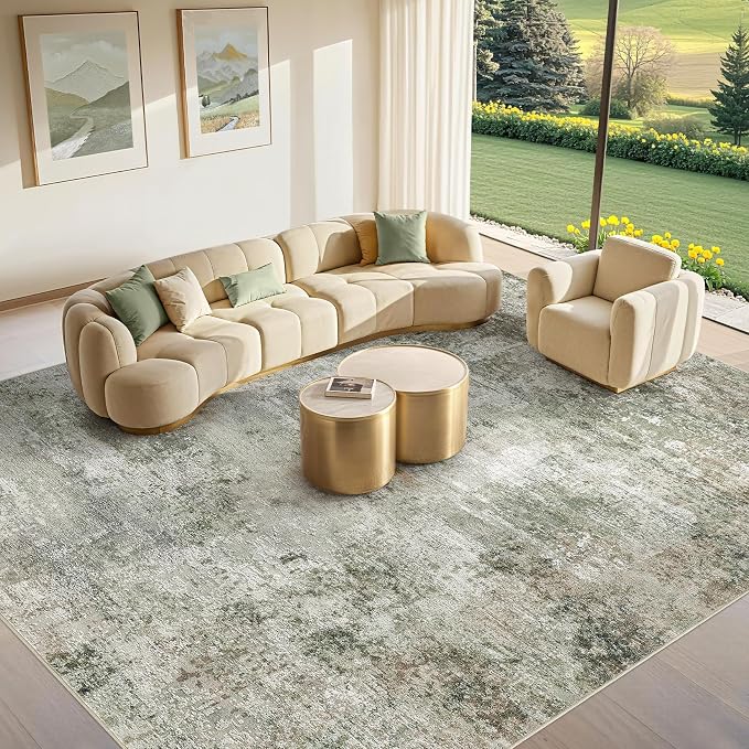 Tortania Area Rug Living Room Rugs - 8x10 Washable Large Soft Neutral Boho Moroccan Bohemian Farmhouse Rug Indoor Floor Carpet for Bedroom Under Dining Table Home Office Decor - Olive Brown