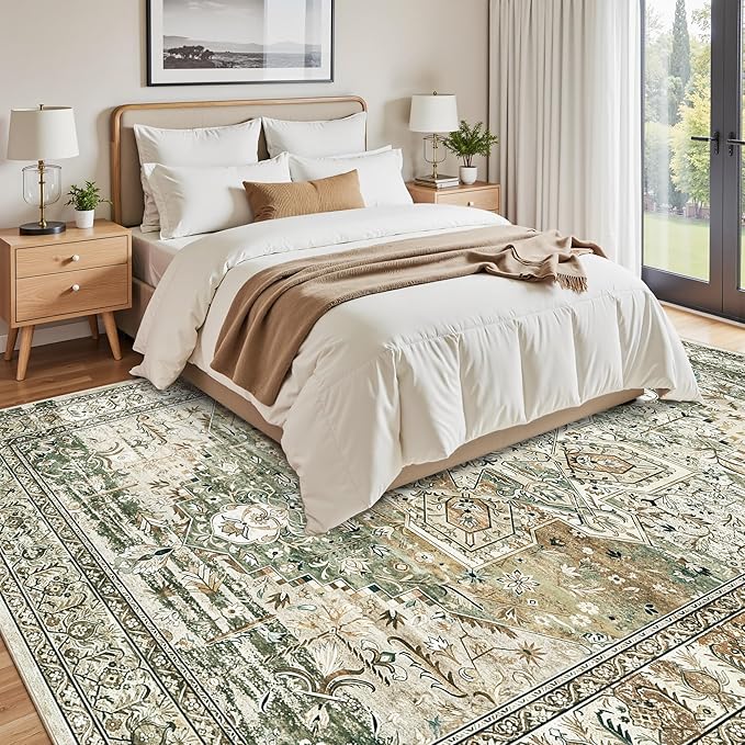Soalmost 9x12 Area Rugs for Living Room, Non Slip Machine Washable Vintage Rugs, Low Pile Lightweight Large Rug for Bedroom, Dining Room, Home Office Olive