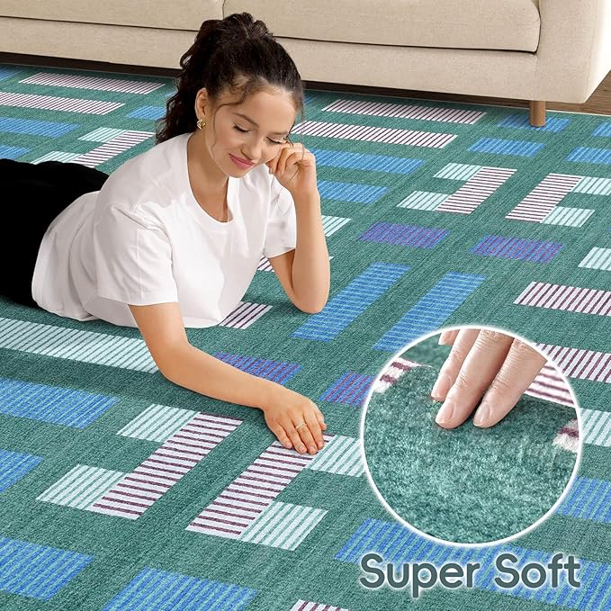 cotiled 8x10 Area Rug Living Room: Washable Boho Rugs with Non Slip Backing Large Soft Indoor Stain Resistant Carpet for Bedroom Farmhouse Dining Room Lightweight Home Decor Green