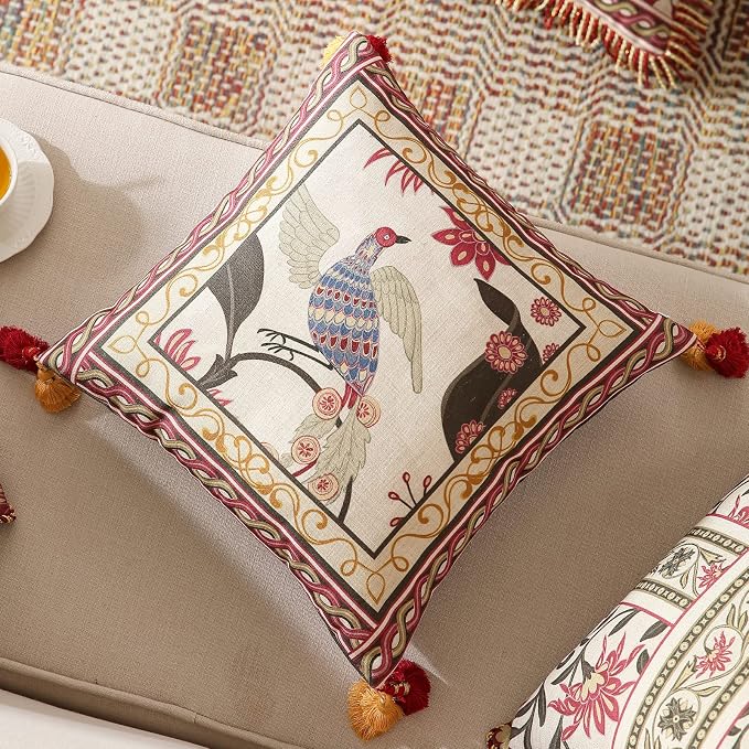 patdrea Designer Vintage Linen Throw Pillow Cover,18"x18"-Schumacher C | Elegant Decorative Pillow Case,Bird Pattern with Tassel Pendant,Cushion Coverfor Couch Living Room Bedroom Sofa