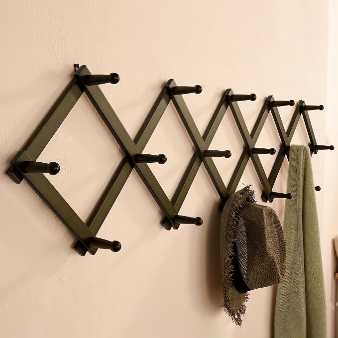 SKOLOO Accordion Wall Hanger with 16 Hooks, Modern Expandable Coat Rack Hat Rack for Wall, Solid Wooden, Dark Walnut Color