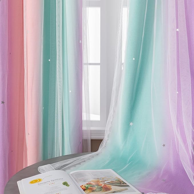 XiDi Curtains for Nursery Girls Bedroom Decor 84 Inches Long, Full Blackout for Kids Princess Room, Colorful Rainbow Design, Unicorn Wall Decor Ombre Curtains, Pink/Purple/Green, W34 X L84 2 Panels