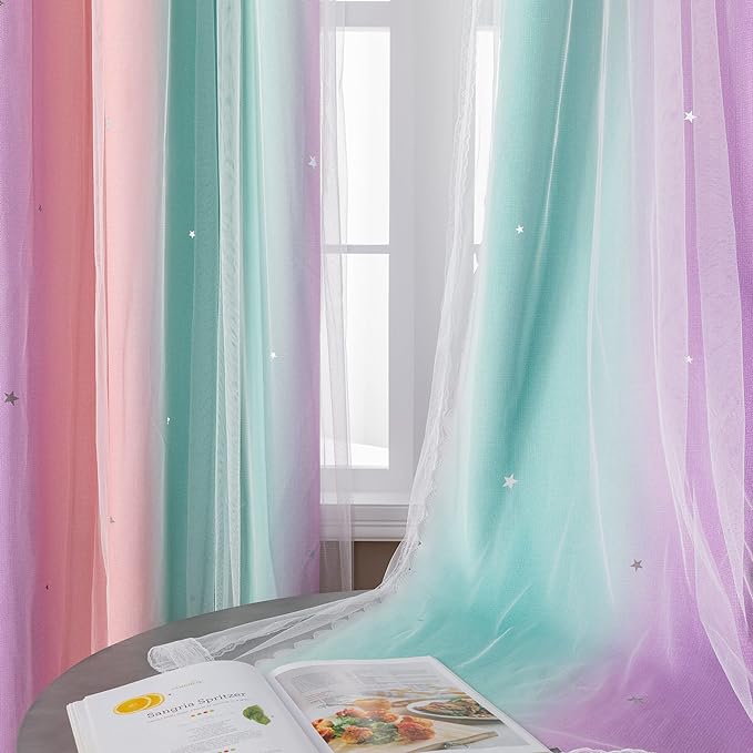 XiDi Curtains for Girls Bedroom 2 Panel Set, Thermal Insulated Window Ombre Panels, Rainbow Pink Drapes for Kids Room Unicorn Wall Decals, Black Out Curtains 63 Inch Long Pink/Purple/Green 52 X 63