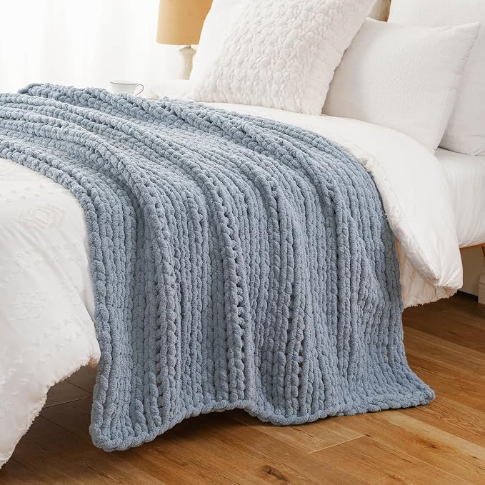 Battilo Chunky Knit Throw Blanket for Couch, Soft and Thick Chenille Throw Blanket, 50"x60" Handmade Cable Knit Crochet Blanket, Bluish Grey Knot Knitted Throw Blankets for Home Decor, Bluish Grey