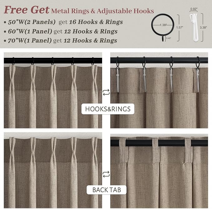 Extra Long 132 Inch Semi Sheer Dark Flax Curtains for Living Room, Memory Trained Pinch Pleated Natural Linen Light Filtering Floor Length 11 FT Large Curtain Brown Rustic Window Drapes 2 Panels Set