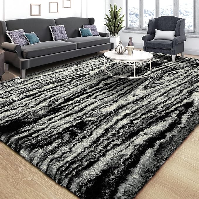 Tepook Area Rugs 9x12 for Living Room, Super Soft Fluffy Rugs for Bedroom, Modern Shaggy Rug Fuzzy Carpets for Kids, Plush Indoor Nursery Home Decor Rug with Non-Slip Bottom, Black White