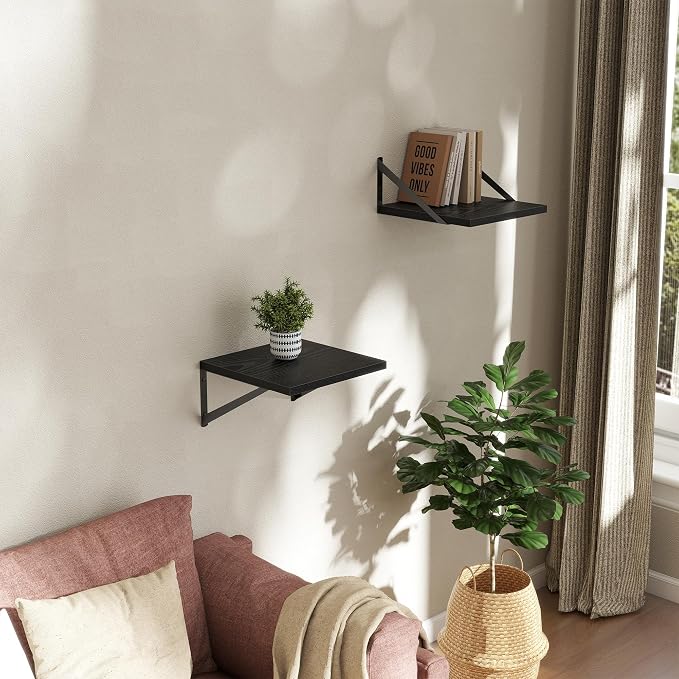 Acovy Deep Floating Shelves Wall Mounted, 12"x12" Black Wall Shelves with Brackets Set of 2 for Bedroom, Living Room, Bathroom, Kitchen, Office - Storage & Display Shelf for Decor, Books, Plants