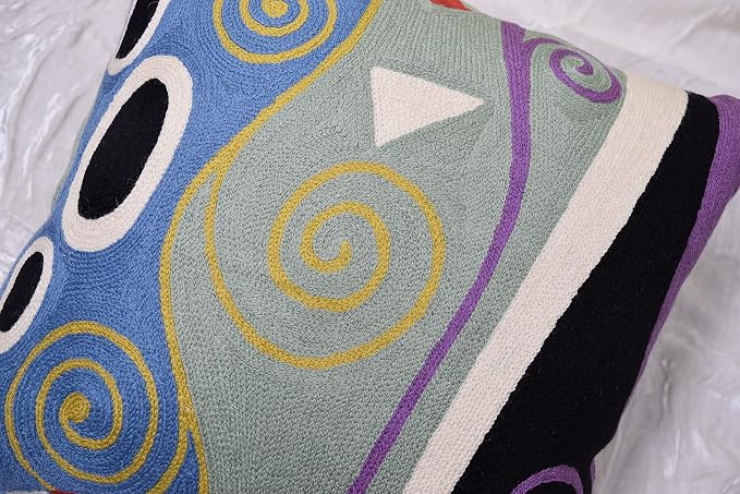 Klimt Blue Marine Modern Pillow Cover | Contemporary Chair Cushion | Blue Sofa Pillowcase | Modern Outdoor Pillows | Mid Century Chair Cushions | Hand Embroidered | Wool Size 18x18