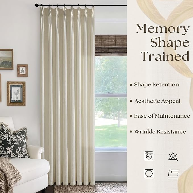102 Inch Curtains Pinch Pleat Linen Curtains for Living Room Bedroom Tan Beige Burlap Flax Light Filtering Privacy 102 Inch Long 50 Inch Width Pleated Drapes Hooks Rings for Sliding Door 1 Panel