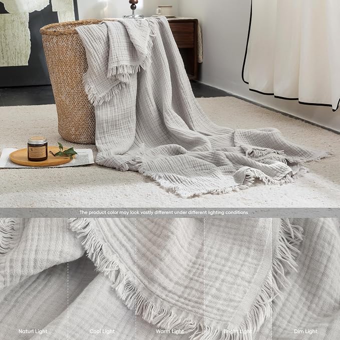 FOSSA Muslin Blanket 4-Layer 100% Cotton Gauze Blanket with Fringe 90"x90" | Super Soft Breathable Lightweight All Season & Decorative Blanket or Bed, Sofa, Office (Grayish,Queen)