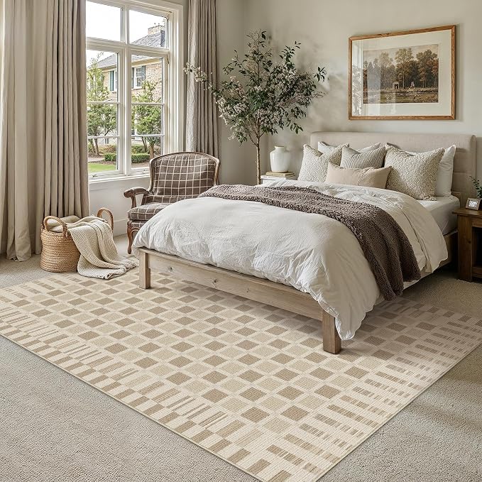 PureCozy Machine Washable Brown 5x7 Area Rugs for Living Room Modern Soft Large Checkered Rug Non-Slip Low Pile Accent Indoor Office Carpet for Bedroom Dining Room Nursery Classroom